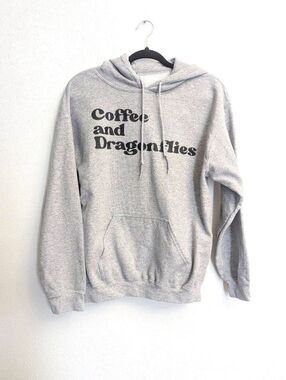 Coffee + Dragonflies Graphic Hoodie Sweatshirt Size Medium Gray Black